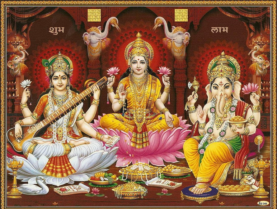 Saraswati and Lakshmi with Ganesha on Lotus Thrones in Traditional Indian Temple Art HD wallpaper