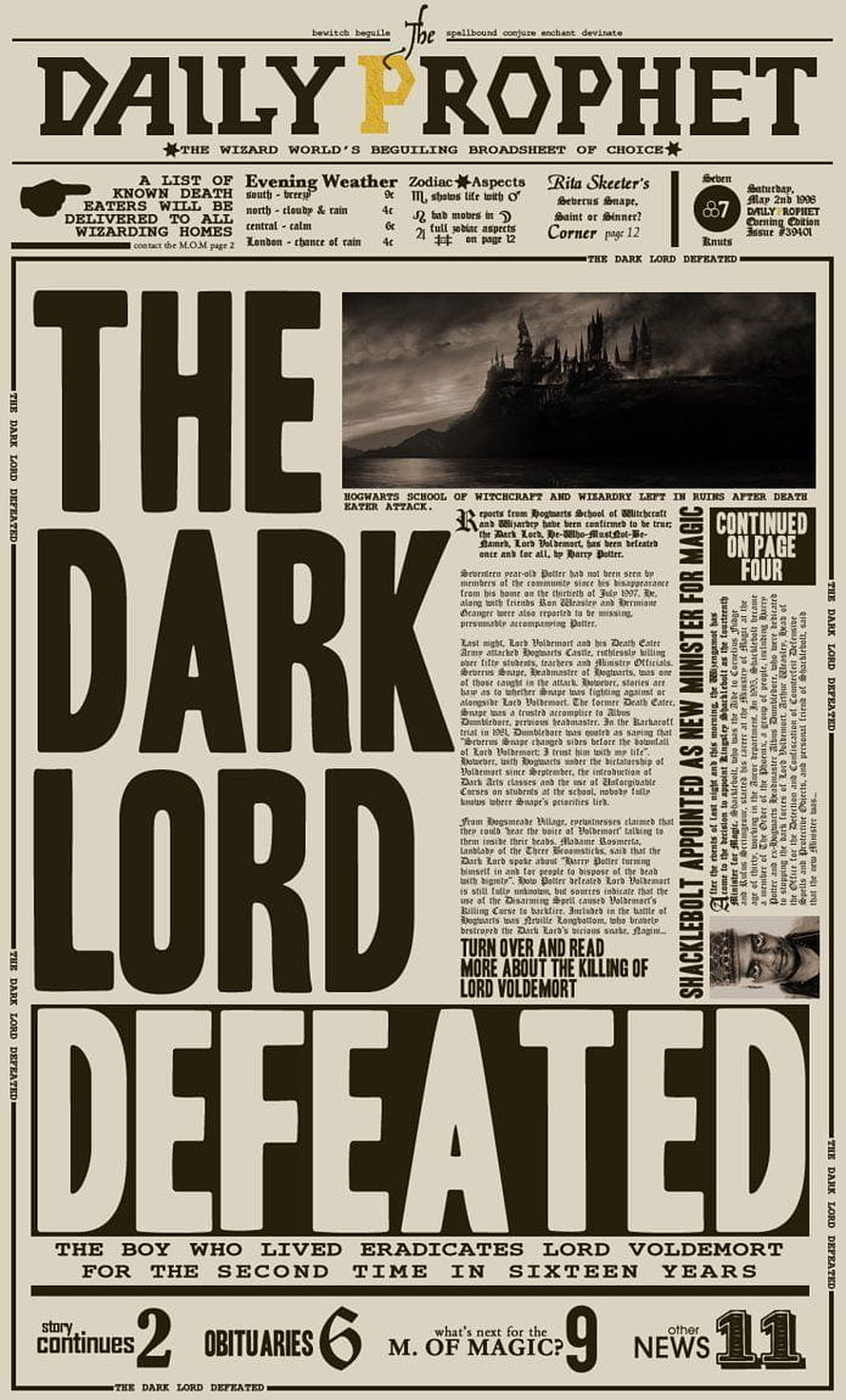 Harry Potter Daily Prophet Front Page Featuring The Dark Lord Defeated Headline HD phone wallpaper