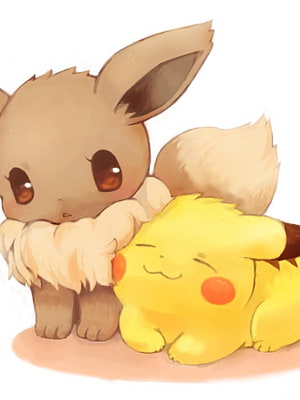 Cute Eevee and Pikachu Cuddling in Soft Watercolor Style HD phone wallpaper