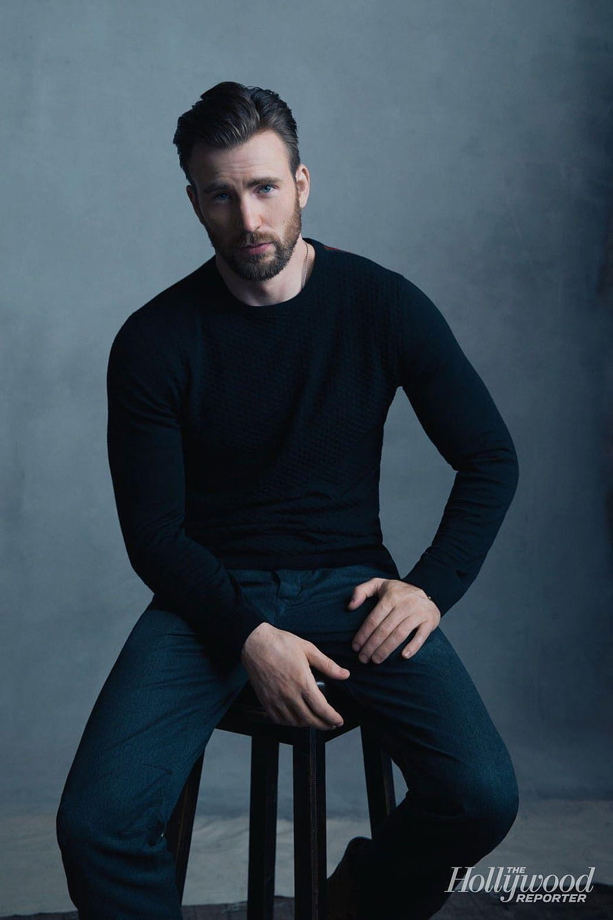 Chris Evans Studio Portrait in Black Sweater and Dark Jeans HD phone wallpaper