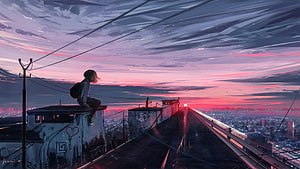 Anime Girl Sitting on Rooftop Overlooking City at Sunset HD wallpaper