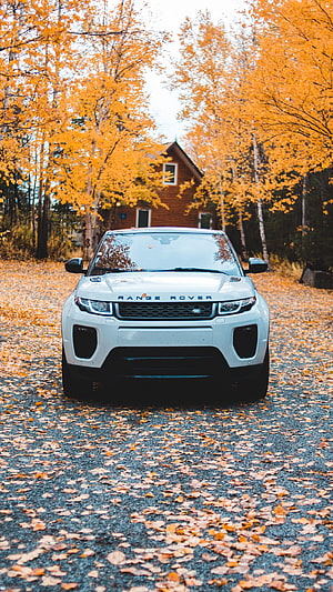 White Range Rover Evoq parked on a gravel path surrounded by golden autumn foliage and a rustic cabin HD phone wallpaper