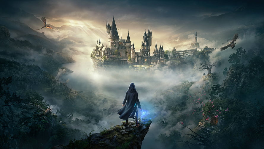 Hogwarts Legacy: Hooded Wizard Gazing at Misty Castle with Flying Dragons HD wallpaper