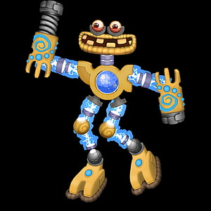Wubbox Robot Character with Electric Blue Limbs and Golden Armor on Black Background HD phone wallpaper