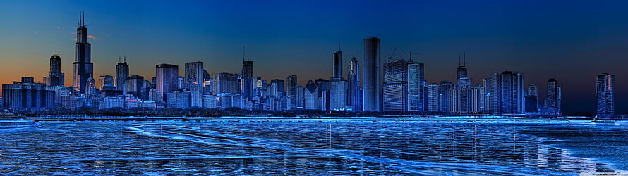 Chicago Skyline at Dusk with Lake Michigan Reflections in Cool Blue Tones HD wallpaper