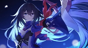 Honkai Star Rail Seele Anime Character in Blue and Red Outfit Against Starry Night Sky HD wallpaper