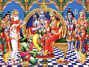 Lord Rama and Sita Seated on Divine Throne Surrounded by Hindu Deities and Sages HD wallpaper