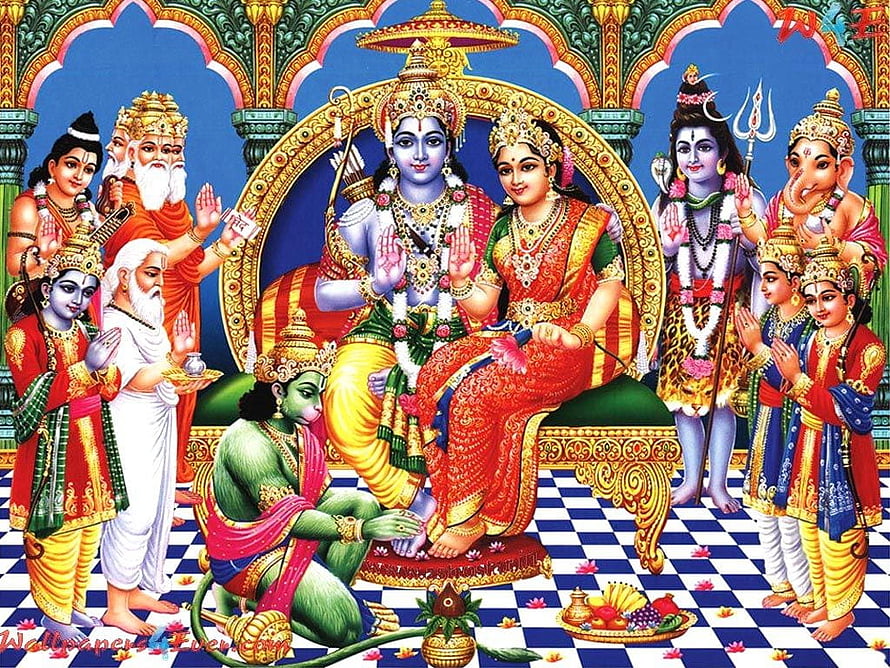 Lord Rama and Sita Seated on Divine Throne Surrounded by Hindu Deities and Sages HD wallpaper