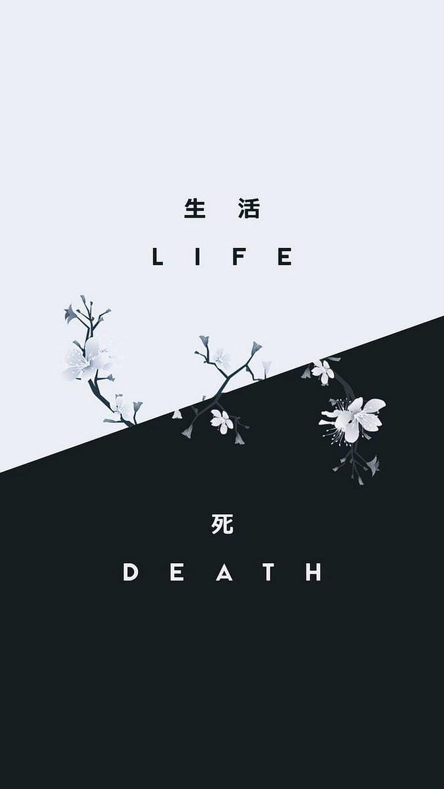 Minimalist Japanese Cherry Blossom Design with Life and Death Text on Black and White Background HD phone wallpaper