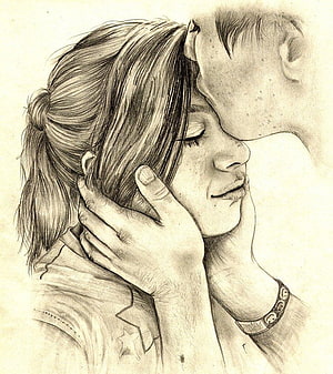 Intimate Forehead Kiss Pencil Sketch of a Couple in Realistic Style HD phone wallpaper