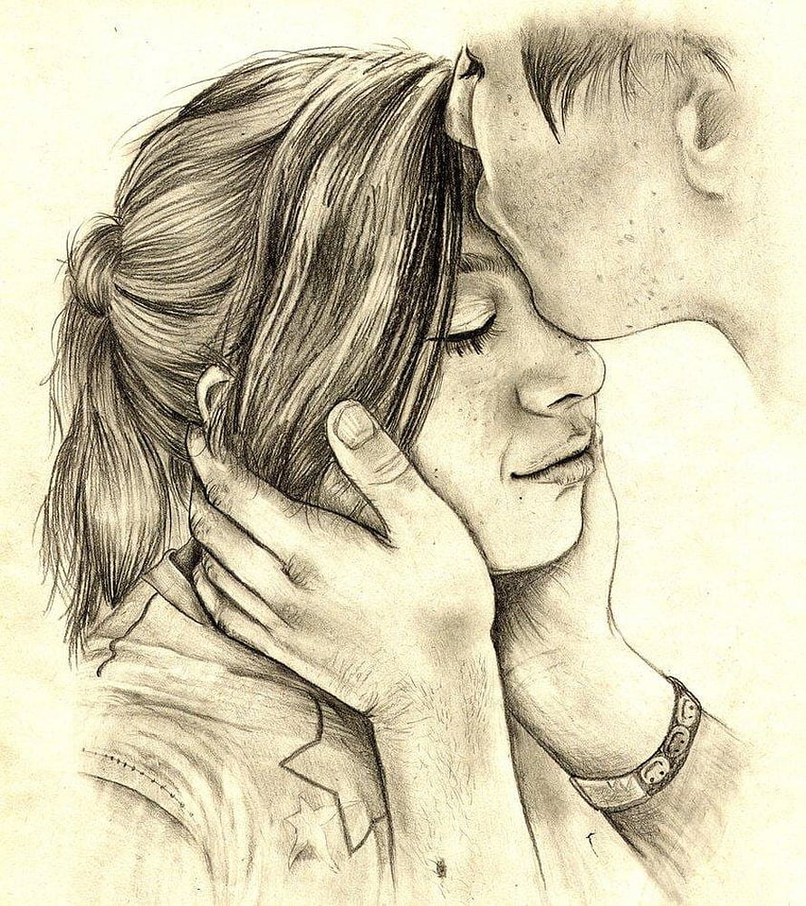 Intimate Forehead Kiss Pencil Sketch of a Couple in Realistic Style HD phone wallpaper