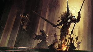 Blasphemous Penitent Knight Battle Scene in Gothic Cathedral HD wallpaper