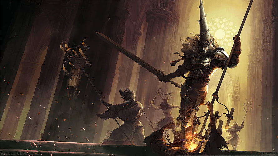 Blasphemous Penitent Knight Battle Scene in Gothic Cathedral HD wallpaper