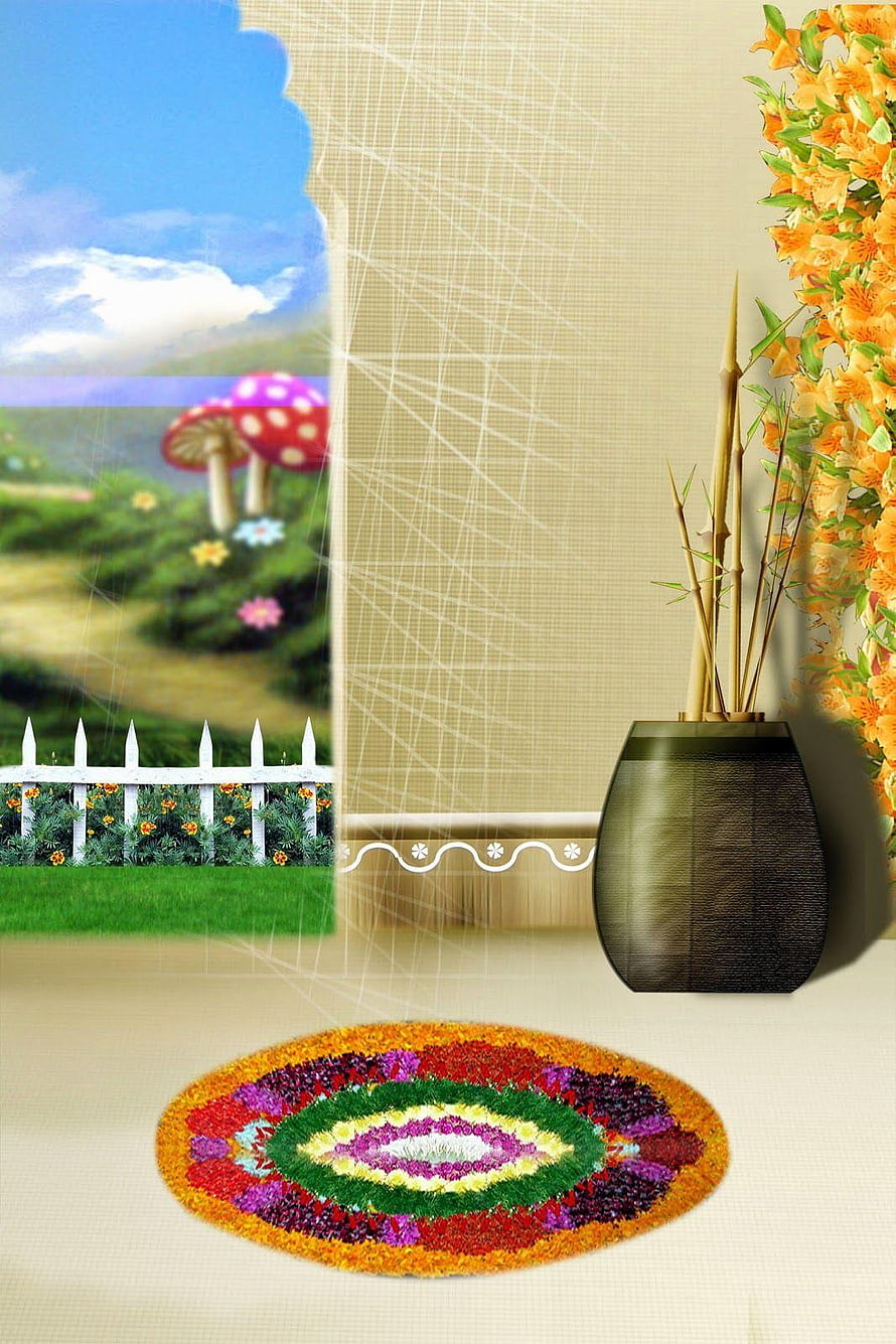 Cozy Interior Scene with Colorful Floral Rug, Bamboo Vase, and Garden View Through Arched Window HD phone wallpaper