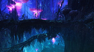 Avatar Frontiers of Pandora Bioluminescent Forest Scene with Glowing Flora and Characters HD wallpaper