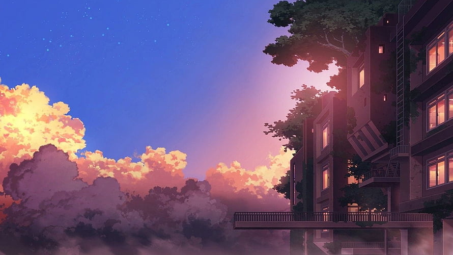 Anime Style Apartment Building at Dusk with Dramatic Sunset Clouds and Starry Sky HD wallpaper