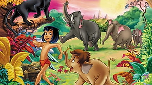 Mowgli and Baloo in the Jungle with Elephants and Bagheera HD wallpaper
