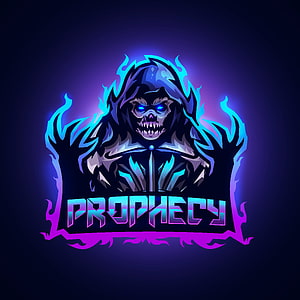 Prophecy Gaming Logo Featuring Hooded Skull with Neon Blue and Purple Flames HD phone wallpaper