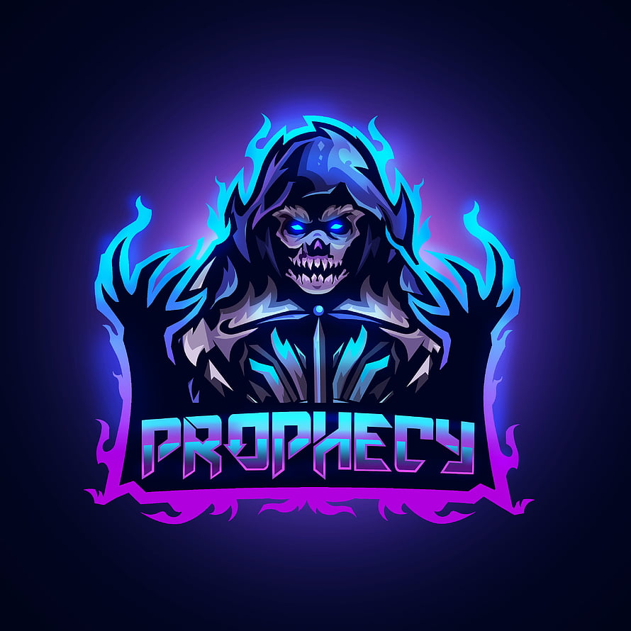 Prophecy Gaming Logo Featuring Hooded Skull with Neon Blue and Purple Flames HD phone wallpaper
