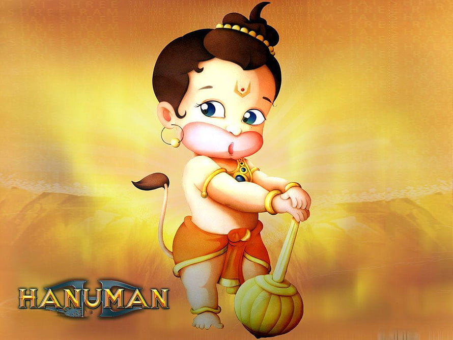 Cute Baby Hanuman Cartoon Character with Mace and Golden Background HD wallpaper