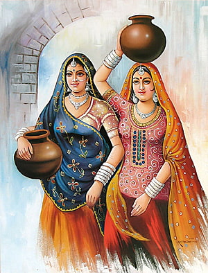 Traditional Indian Women Carrying Clay Water Pots in Vibrant Sarees HD phone wallpaper