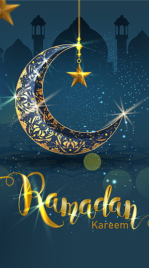 Elegant Ramadan Kareem Greeting with Ornate Golden Crescent Moon and Star HD phone wallpaper