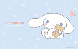 Cinnamoroll Sanrio Character Holding Teddy Bear on Pastel Blue Winter Background HD wallpaper