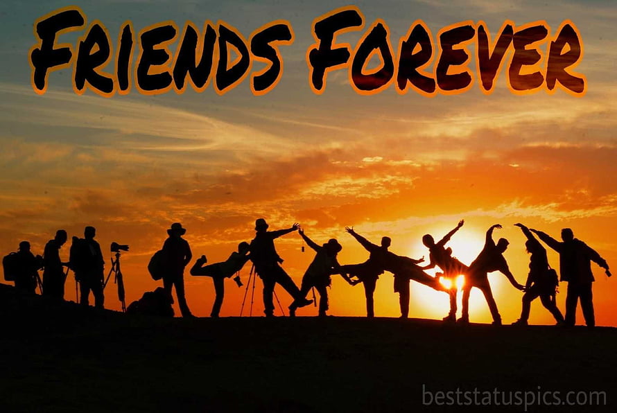 Silhouetted Group of Friends Celebrating at Sunset with Friendship Text Overlay HD wallpaper