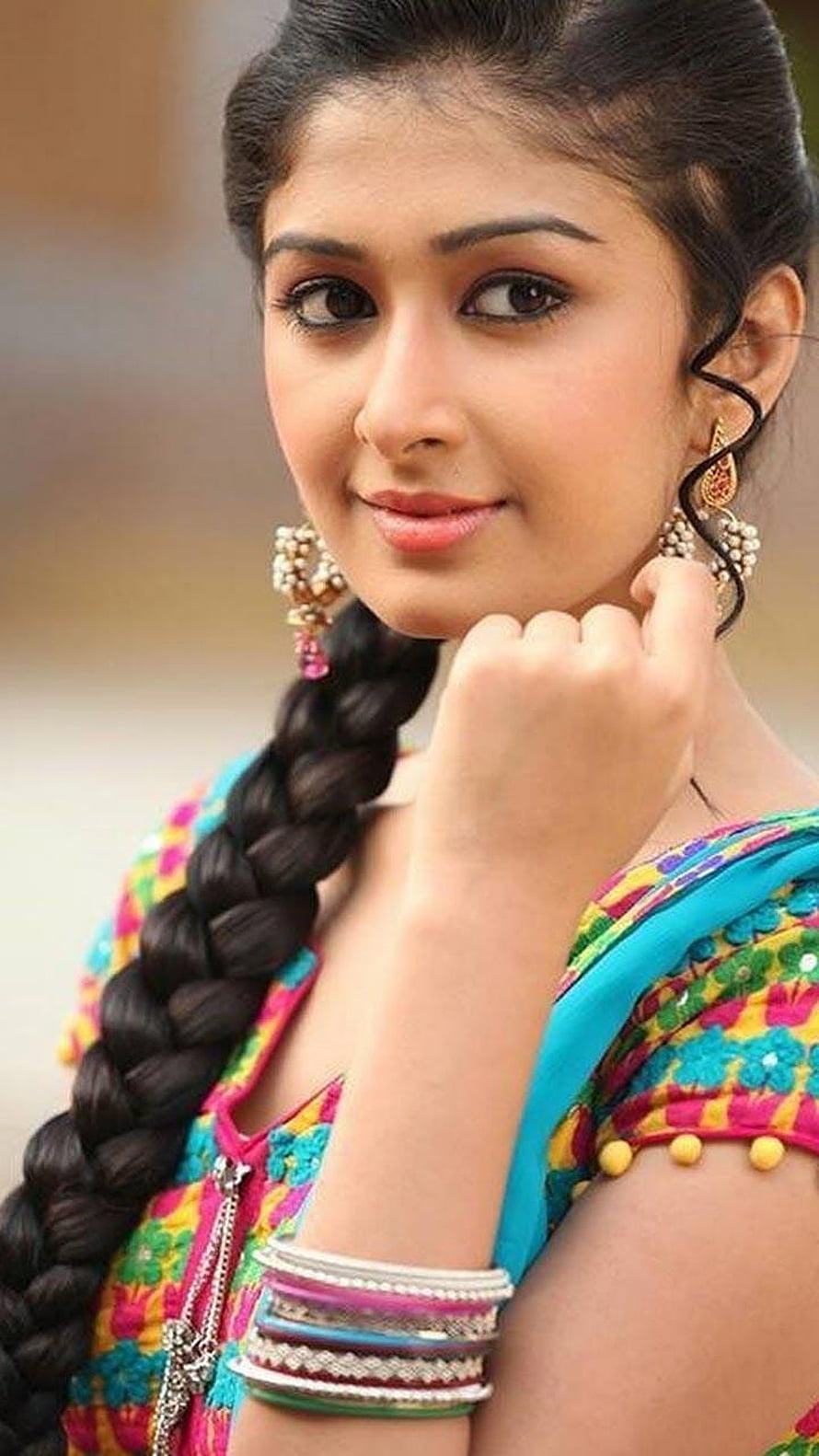 Portrait of a young woman in a colorful floral sari with a long braid and traditional jewelry HD phone wallpaper