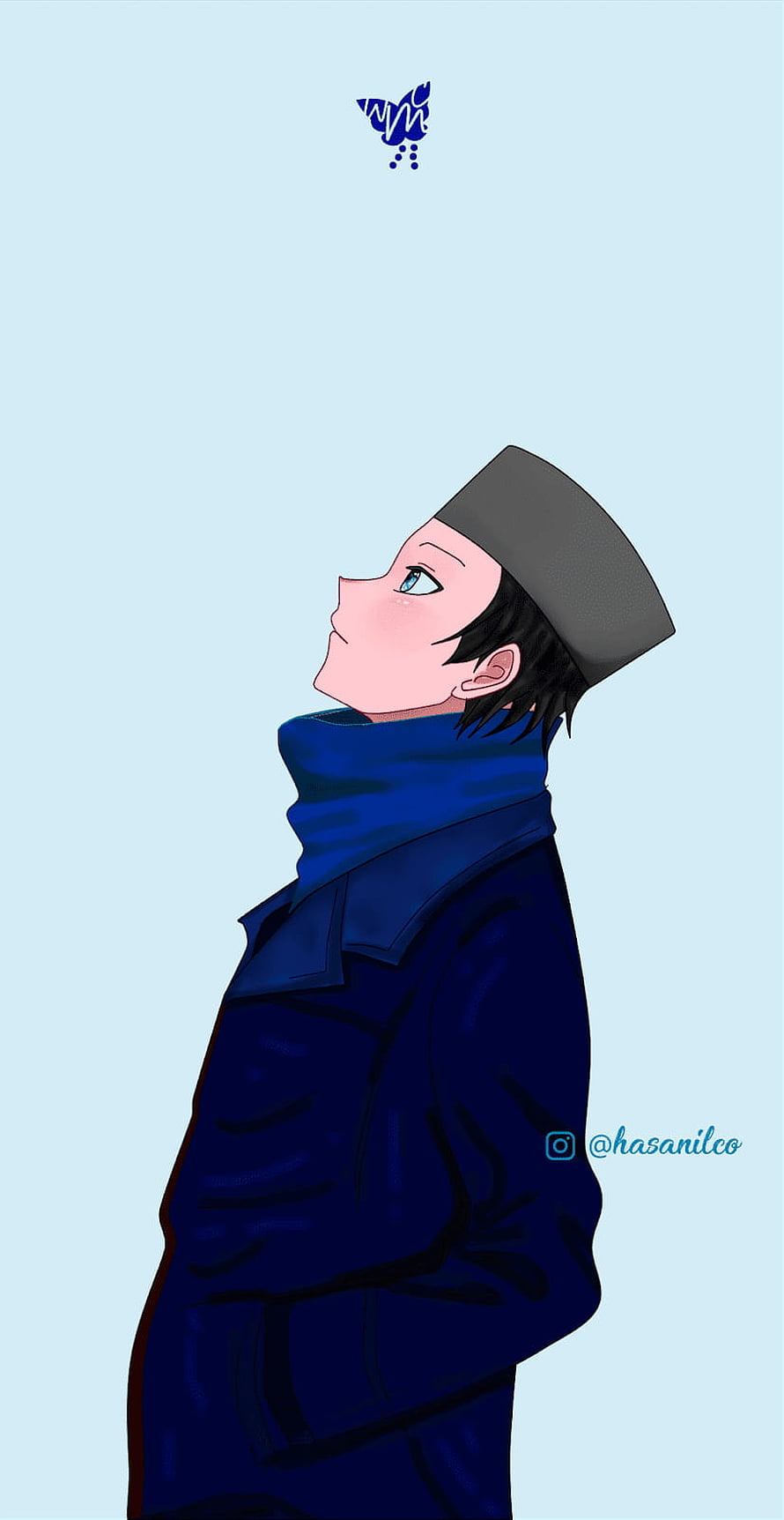 Anime Muslim Boy in Blue Coat and Cap Looking Up at Sky HD phone wallpaper