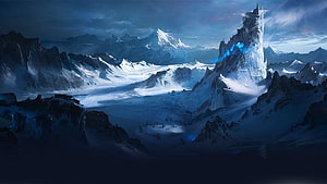 Northern Vale Fantasy Landscape with Glowing Ice Castle and Snowy Mountains HD wallpaper
