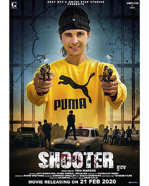 Shooter Movie Poster Featuring Jayy Randhawa in Yellow Puma Shirt Holding Dual Pistols HD phone wallpaper