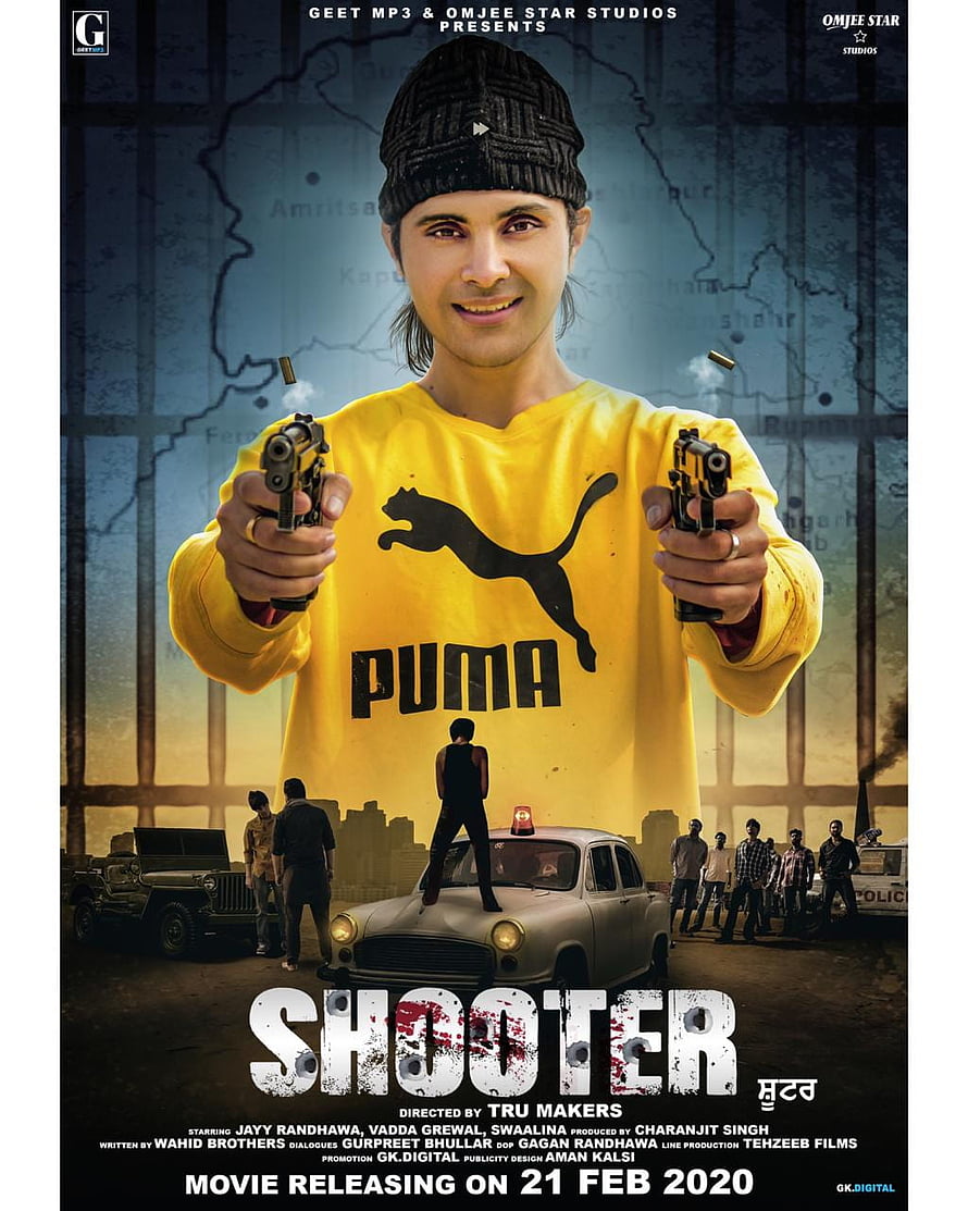 Shooter Movie Poster Featuring Jayy Randhawa in Yellow Puma Shirt Holding Dual Pistols HD phone wallpaper