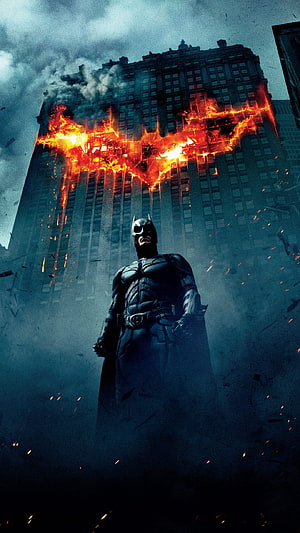 Batman The Dark Knight Rises Cinematic Poster with Burning Bat Symbol on Skyscraper, Batman The Dark Knight Rises, the dark knight HD phone wallpaper