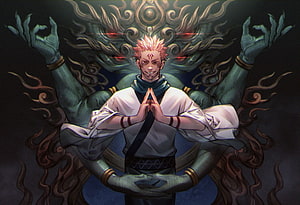 Sukuna Ryomenji in Prayer Pose with Multi-Armed Demon Form Behind Him HD wallpaper