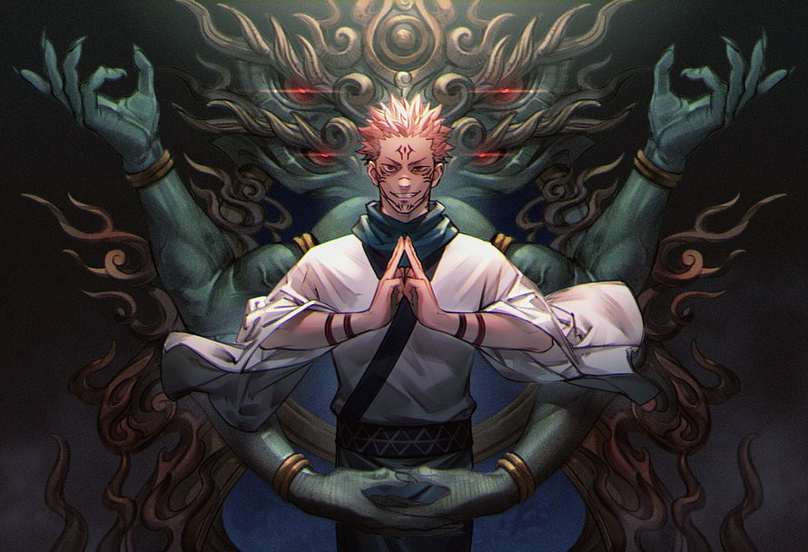 Sukuna Ryomenji in Prayer Pose with Multi-Armed Demon Form Behind Him HD wallpaper