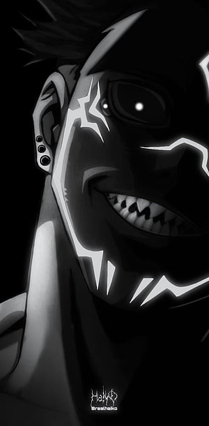 Sukuna from Jujutsu Kaisen in a dark monochrome close-up with glowing facial markings and a menacing grin HD phone wallpaper