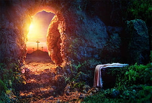 Empty Tomb at Sunrise with Crosses and Shroud in Dramatic Light HD wallpaper