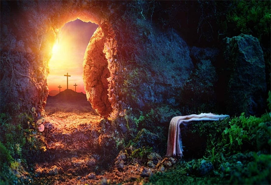 Empty Tomb at Sunrise with Crosses and Shroud in Dramatic Light HD wallpaper