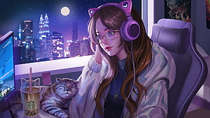 Anime Girl with Cat Headphones and Sleeping Cat in Nighttime City Room HD wallpaper