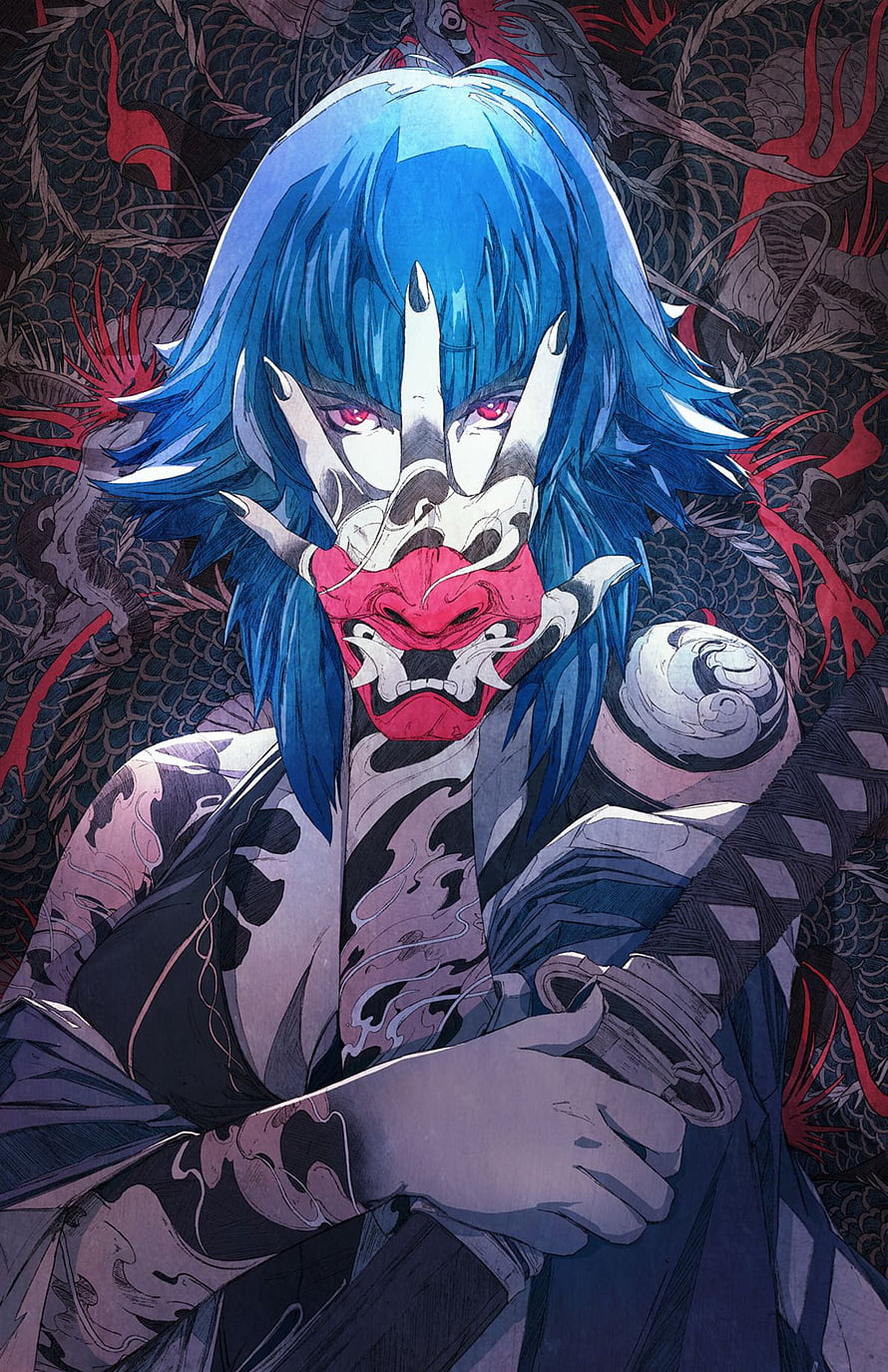 Blue-Haired Oni Mask Character with Red Eyes and Traditional Japanese Tattoo Art HD phone wallpaper