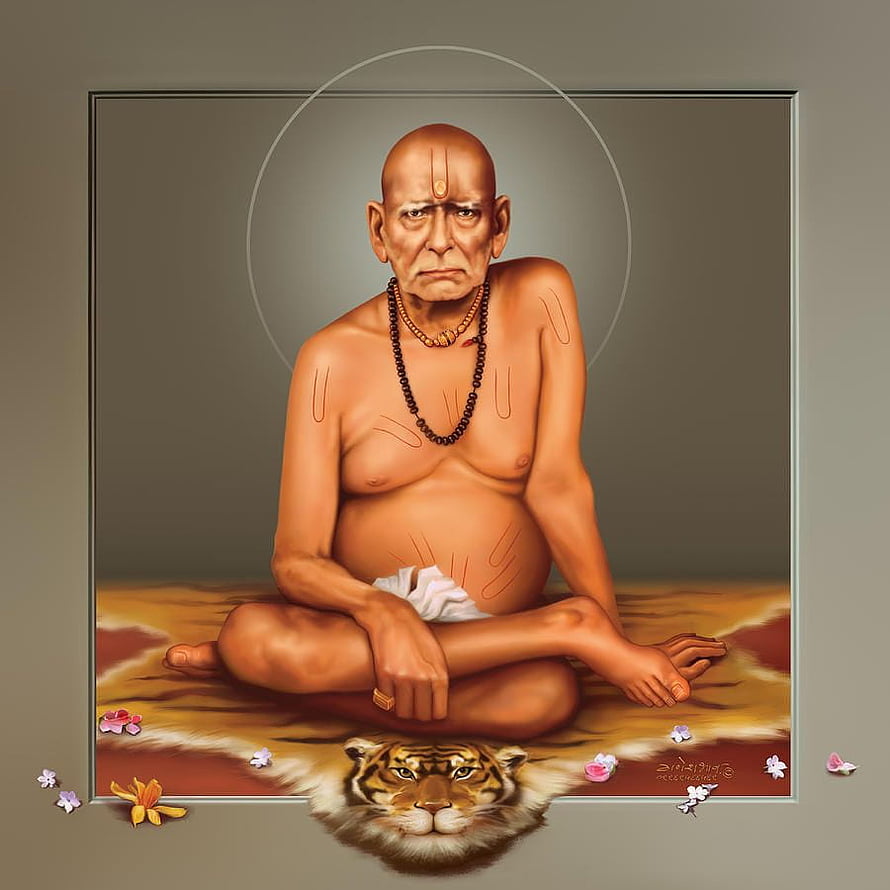 Swami Samarth Portrait: Hindu Saint Meditating on Tiger Skin with Sacred Markings HD phone wallpaper