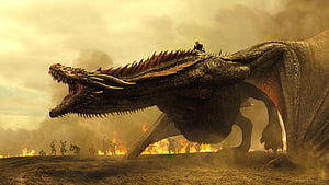 Game of Thrones Dragon Roaring Over Burning Battlefield with Rider HD wallpaper