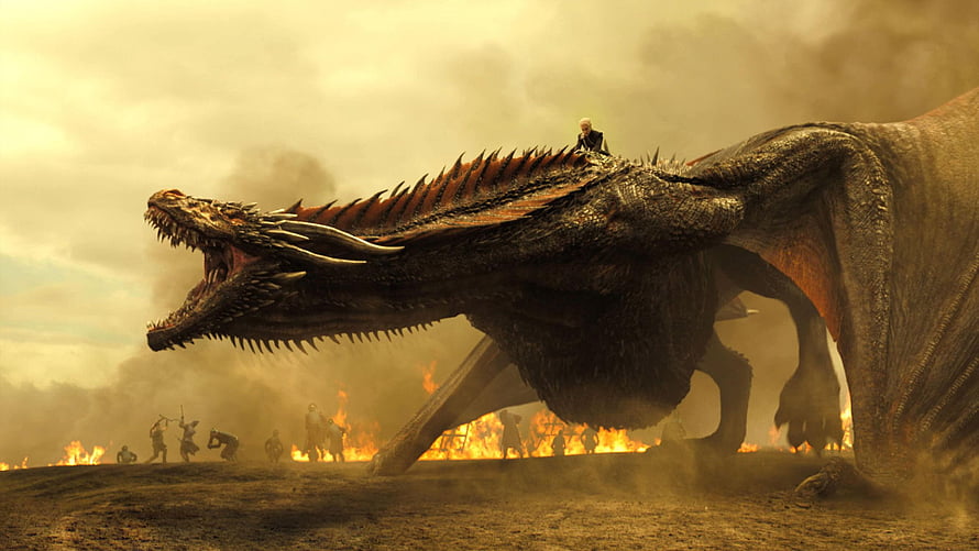 Game of Thrones Dragon Roaring Over Burning Battlefield with Rider HD wallpaper