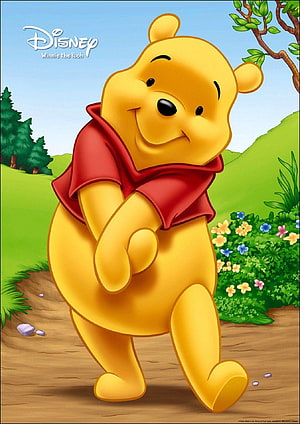 Winnie the Pooh Walking Through a Sunny Meadow with Colorful Wildflowers and Green Hills HD phone wallpaper