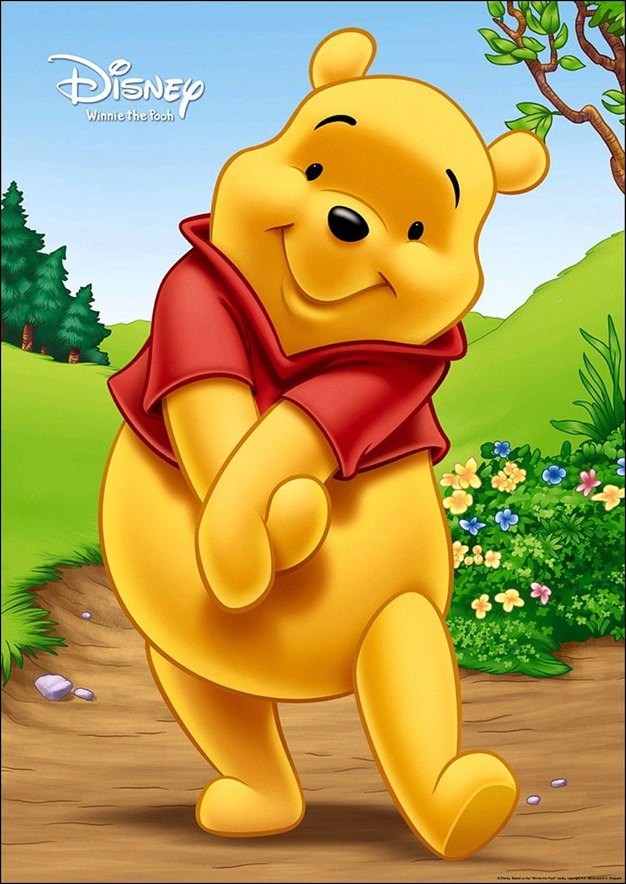 Winnie the Pooh Walking Through a Sunny Meadow with Colorful Wildflowers and Green Hills HD phone wallpaper