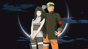 Naruto and Hinata Standing Together Under a Crescent Moon in a Night Sky HD wallpaper