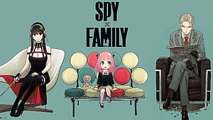 Spy x Family Anime Trio Illustration with Yor, Anya, and Loid in a Living Room Setting HD wallpaper