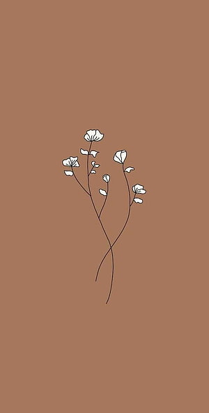 Minimalist White Flower Line Art on Warm Brown Background HD phone wallpaper
