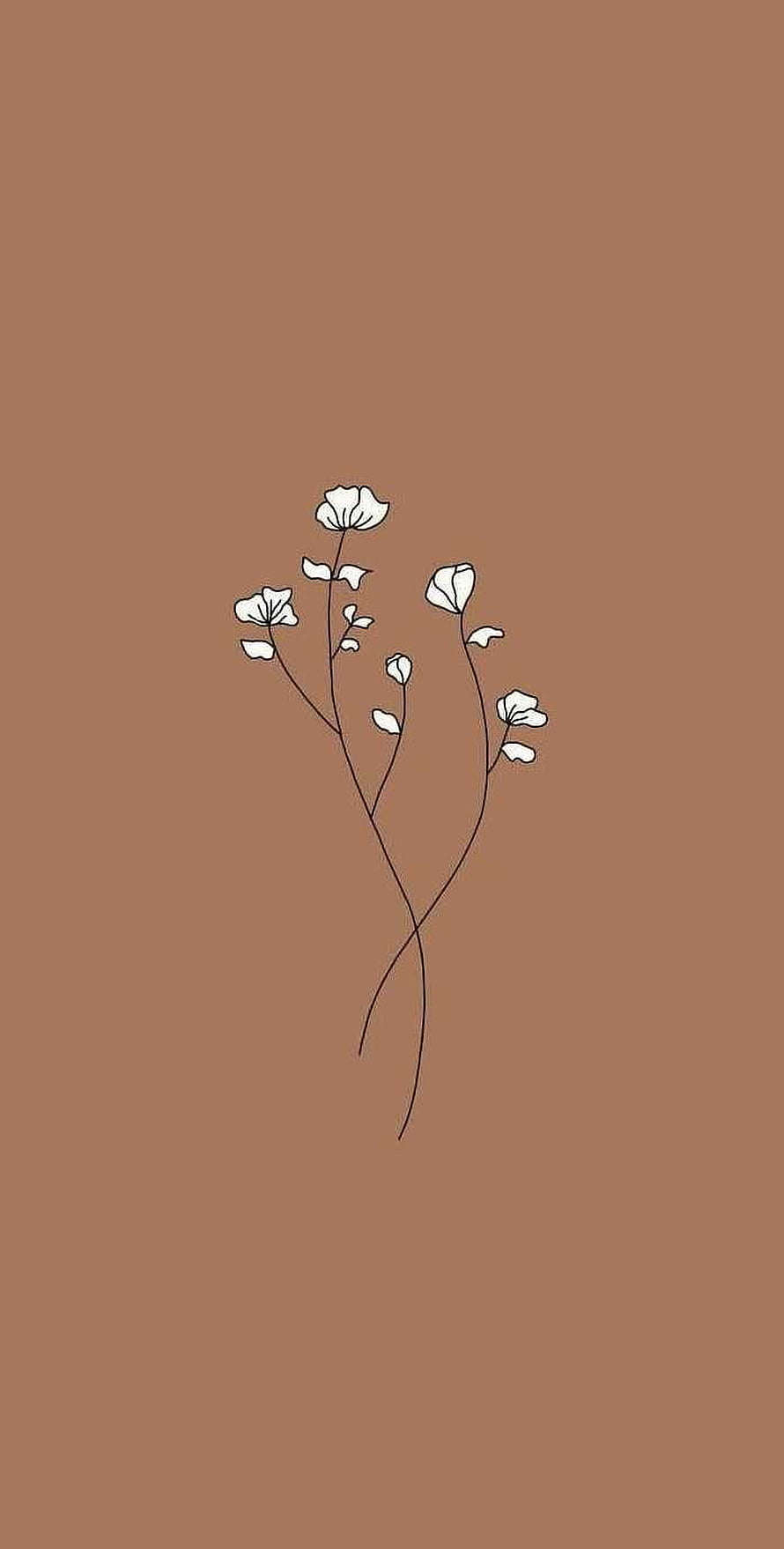Minimalist White Flower Line Art on Warm Brown Background HD phone wallpaper